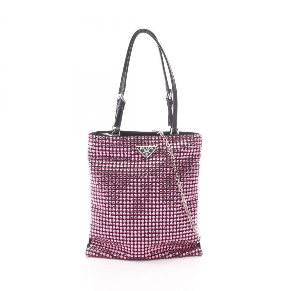 Prada Triangle Logo Crystal 2-Way Handbag, Fabric Leather, Women's, Pink/Black